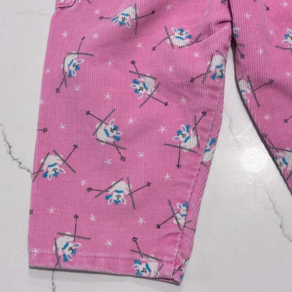Vintage 1980s Union USA OshKosh Girl's Pink Corduroy Skiing Bunnies Size 18 Mos